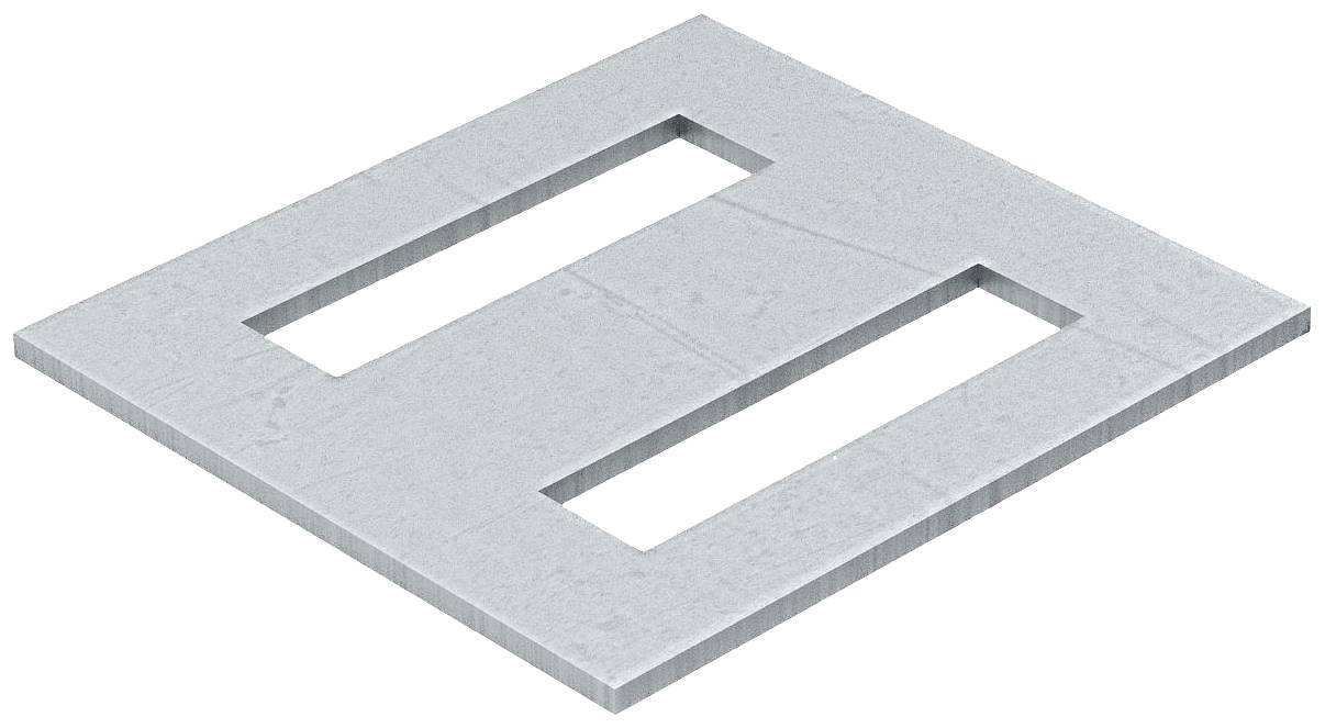 Graue quadratische Betonplatte mit zwei rechteckigen Ausschnitten, symmetrisch platziert.