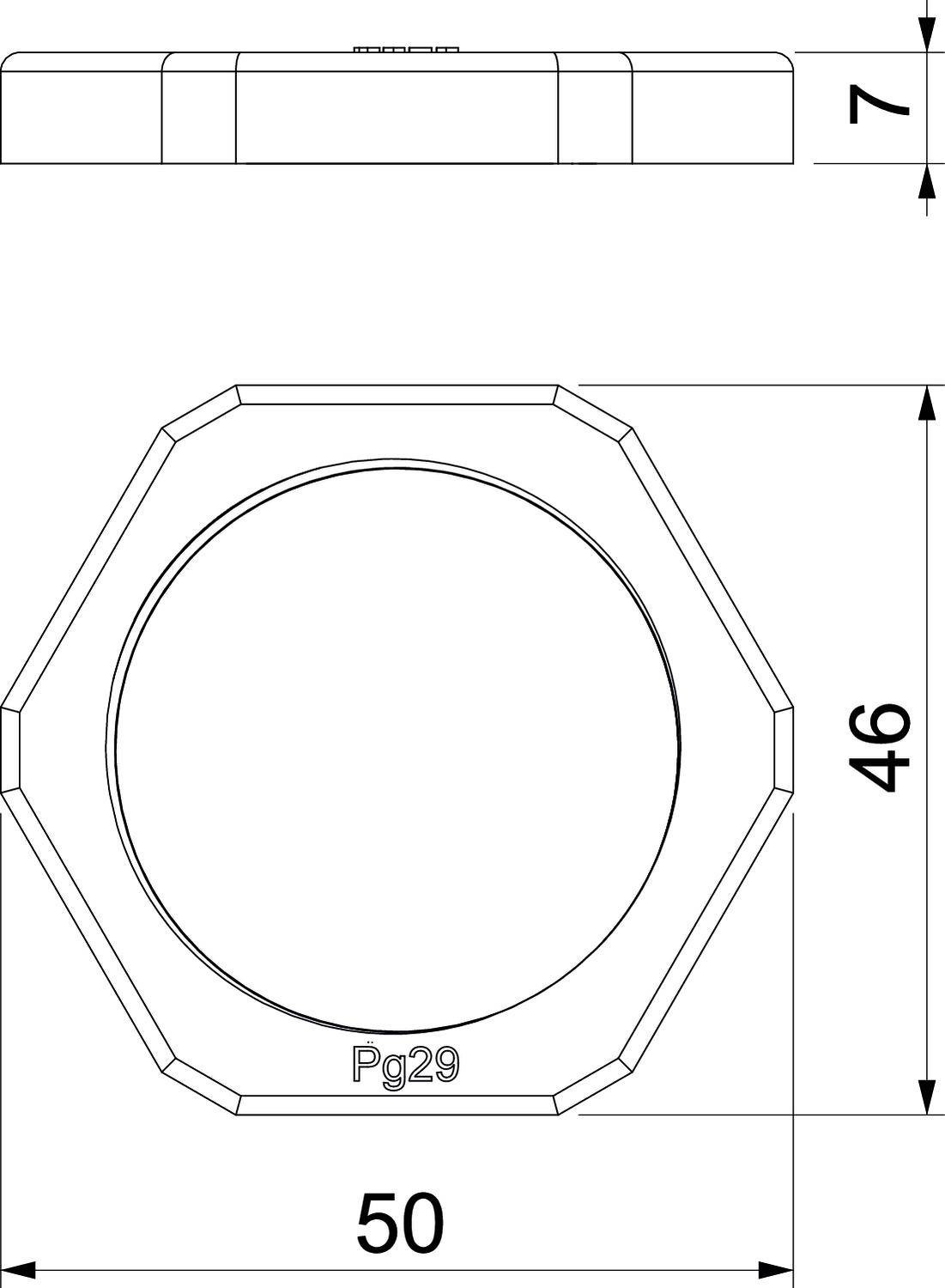 Zeichnung eines oktagonalen Objekts mit Innenkreis, Maße: Durchmesser 50 mm außen, 46 mm innen, Höhe 7 mm. Bezeichnet als Pg29.