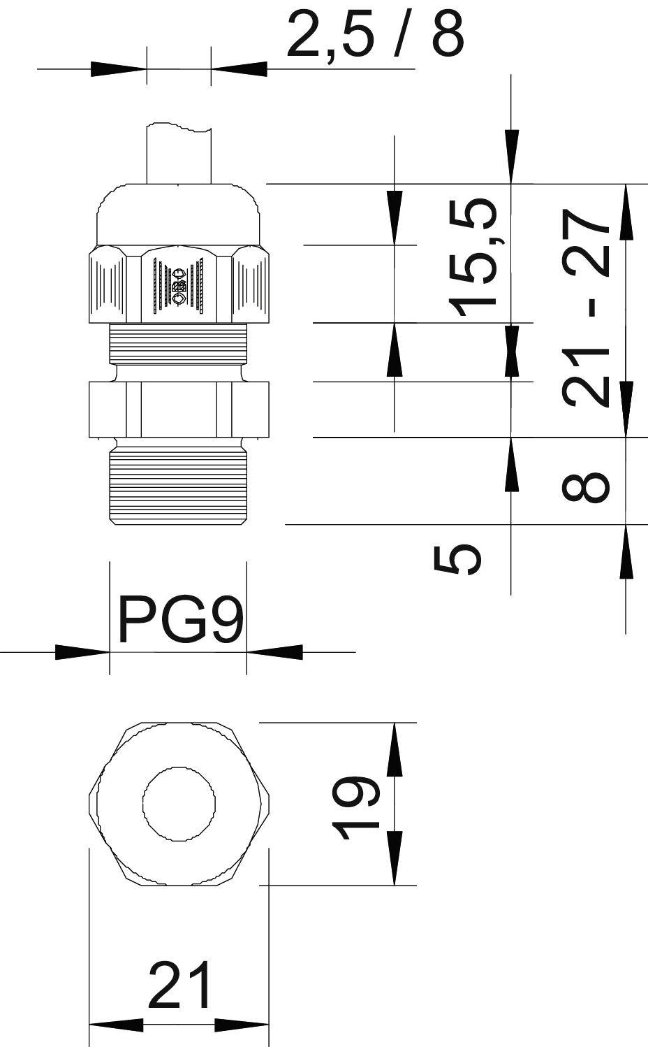 Diagramm einer PG9-Kabeleinführung mit Messungen in Millimetern: 2,5/8, 15,5, 5, 8, 21, 19 und 21.