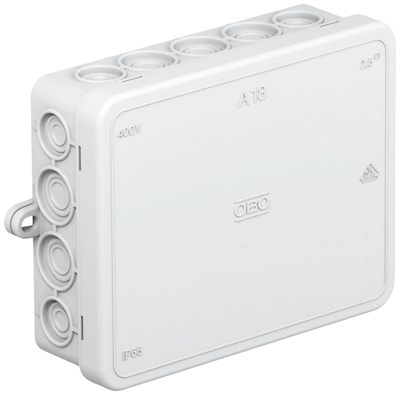 Weiße Kunststoff-Abzweigdose mit abnehmbarer Abdeckung, geeignet für elektrische Installationen mit 400V und Schutzart IP55.