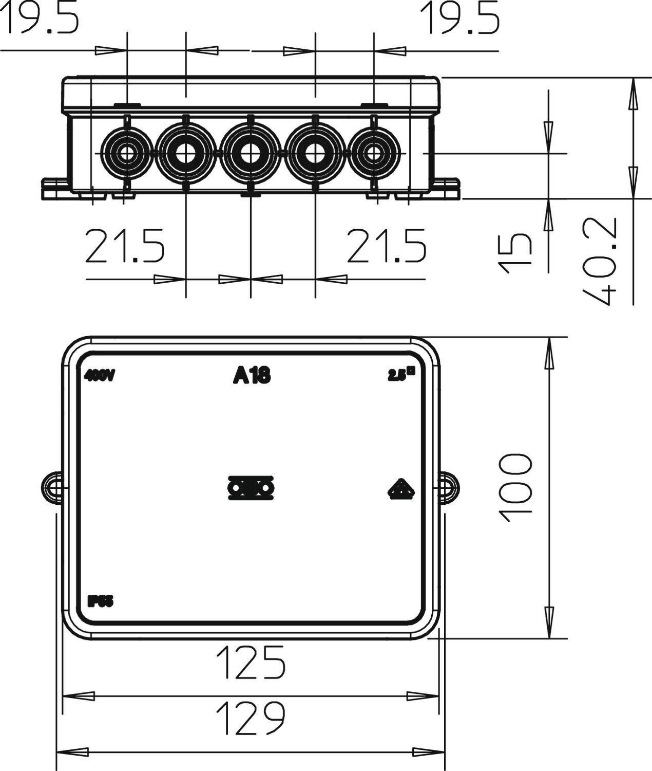 Technische Zeichnung eines rechteckigen Gehäuses mit genauen Abmessungen: Breite 129 mm, Höhe 40,2 mm, zeigt Detaillierungen.