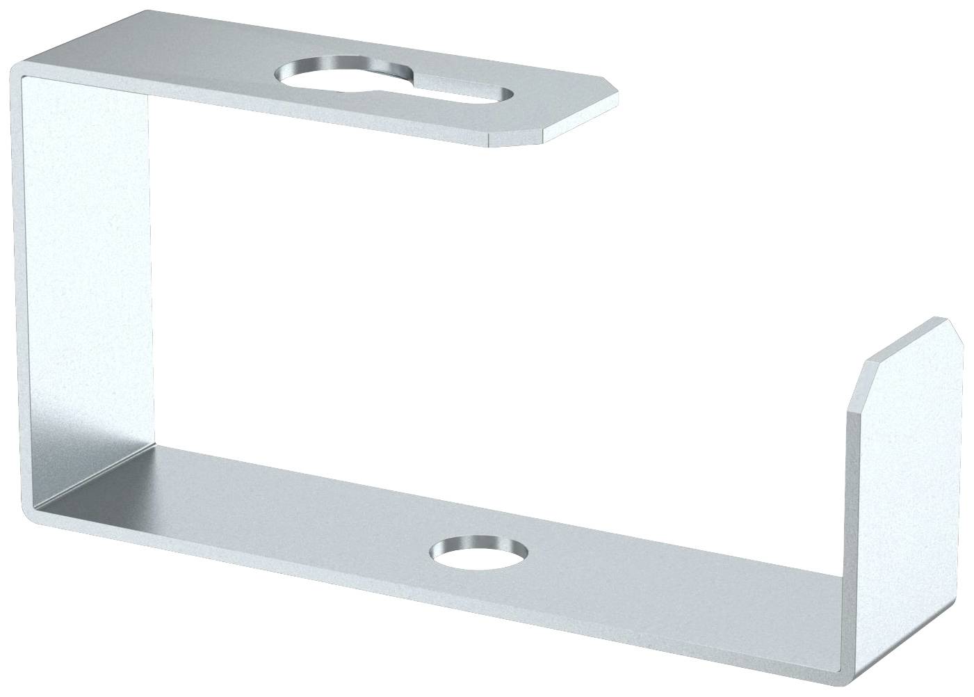 Metallhalterung mit rechteckiger Form, zwei Löchern zur Befestigung, einer an der Oberseite und einer an der Unterseite.