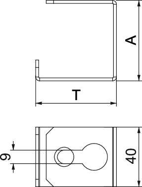Technische Zeichnung einer Halterung mit Seitenansicht oben und Vorderansicht unten. Maße: Breite 40, Höhe 9. Markiert mit 'A' und 'T'.