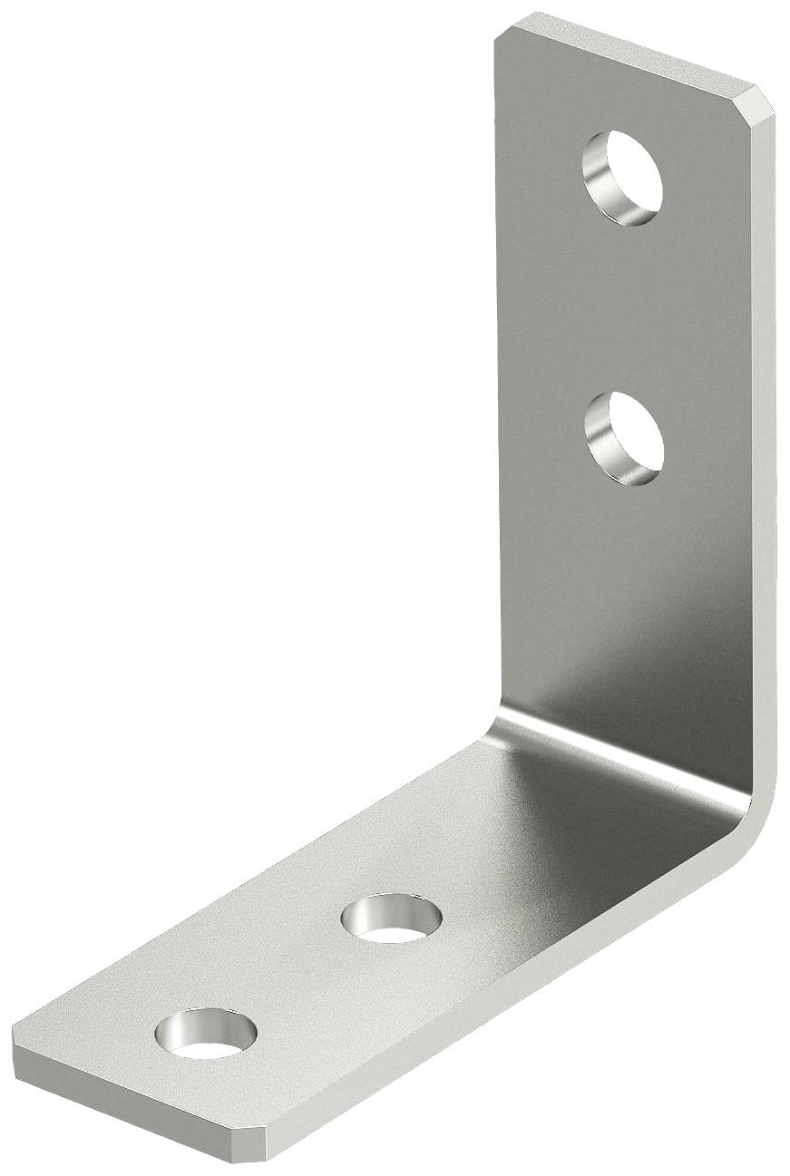 Metallene L-förmige Winkelhalterung mit vier Bohrlöchern; zwei auf jeder Seite. Sie dient zur Befestigung von Objekten.