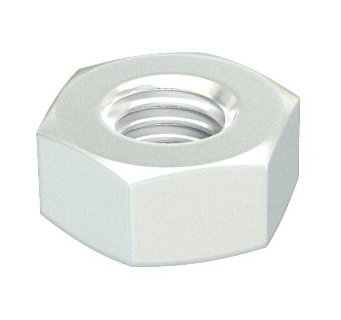 Sechskantmutter aus Metall, silberfarben, ohne weitere Umgebung sichtbar.