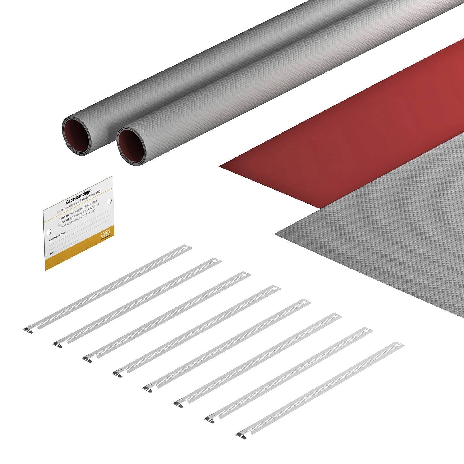 Zwei große graue Röhren, rotes Gewebe, weiße Stäbe und eine kleine beschriftete Tafel auf weißem Hintergrund.