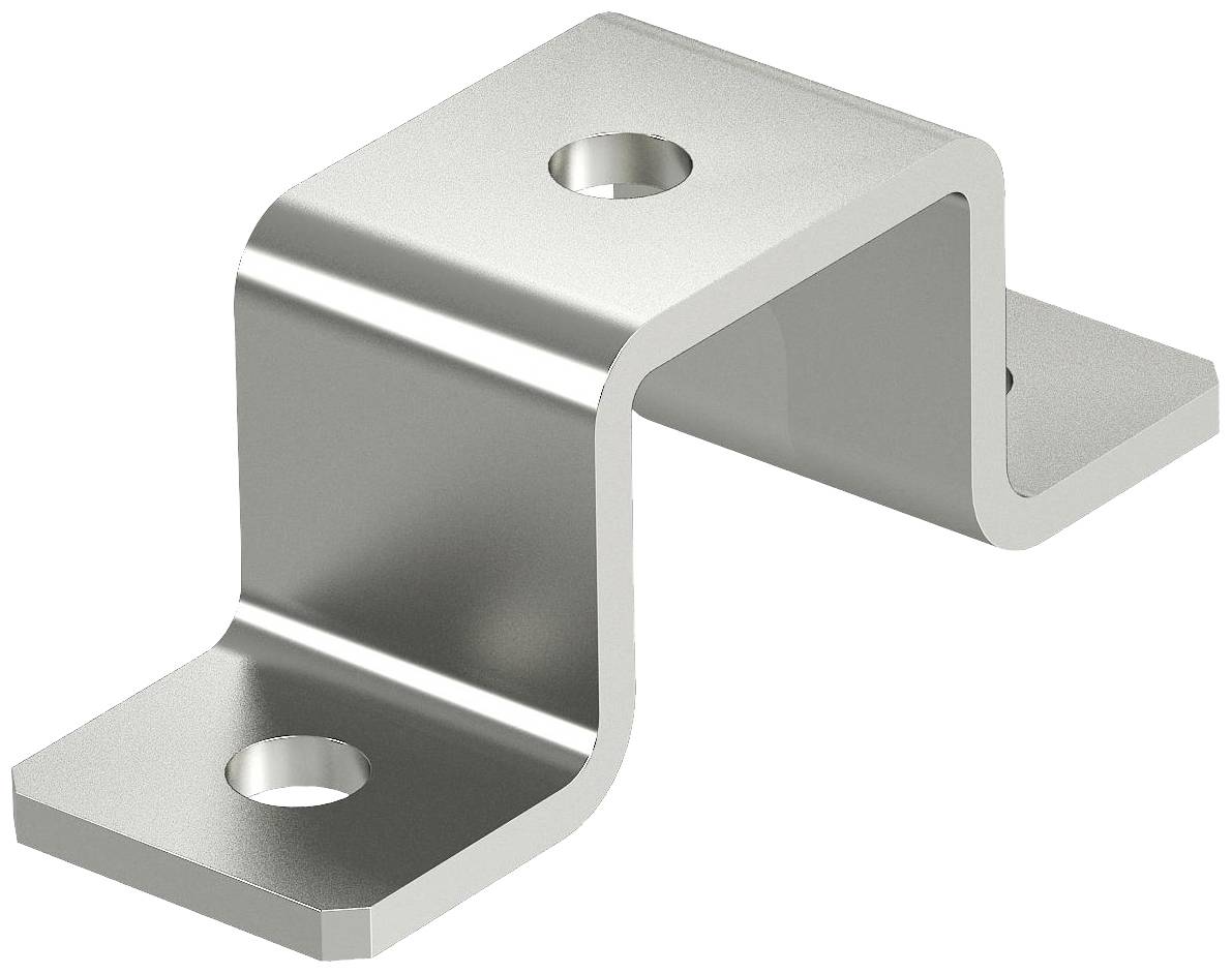 Metallklammer mit zwei Löchern zur Befestigung. Sie hat eine gebogene Form, um eine stabile Verbindung zu ermöglichen.