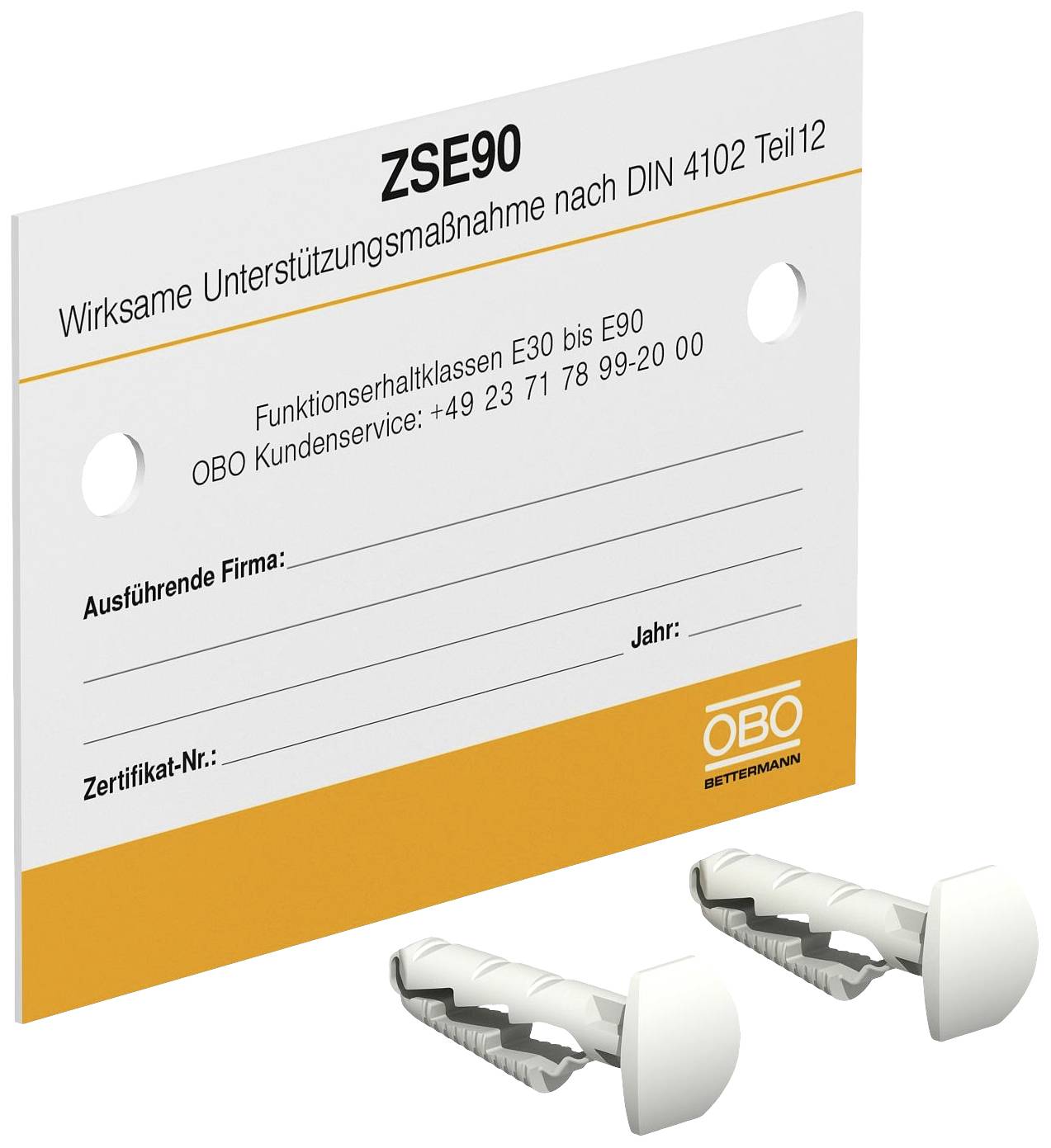 Ein Etikett mit der Aufschrift 'ZSE90 Wirksame Unterstützungsmaßnahme nach DIN 4102 Teil 12' und Kontaktinformationen für OBO.