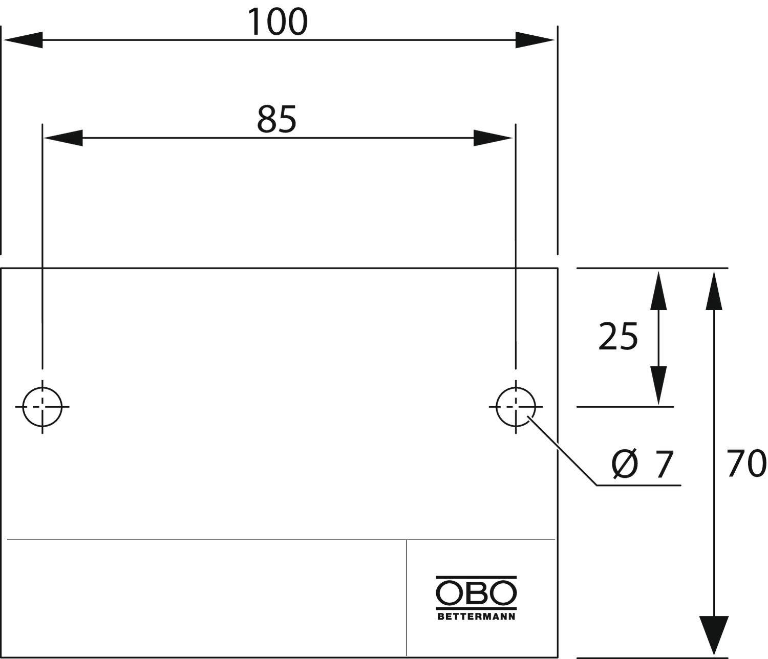 Zeichnung von rechteckiger Platte: Länge 100 mm, Breite 70 mm. Bohrlöcher Ø 7 mm, Abstand 85 mm. Logo 'OBO BETTERMANN'.
