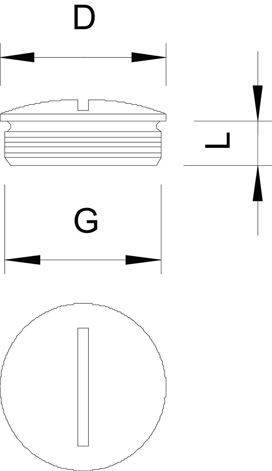 Technische Zeichnung eines zylindrischen Objekts mit Schraubenkopf, seitliche Ansicht mit Maßen 'D' und 'G'. Obere Ansicht zeigt Schlitzkopf.