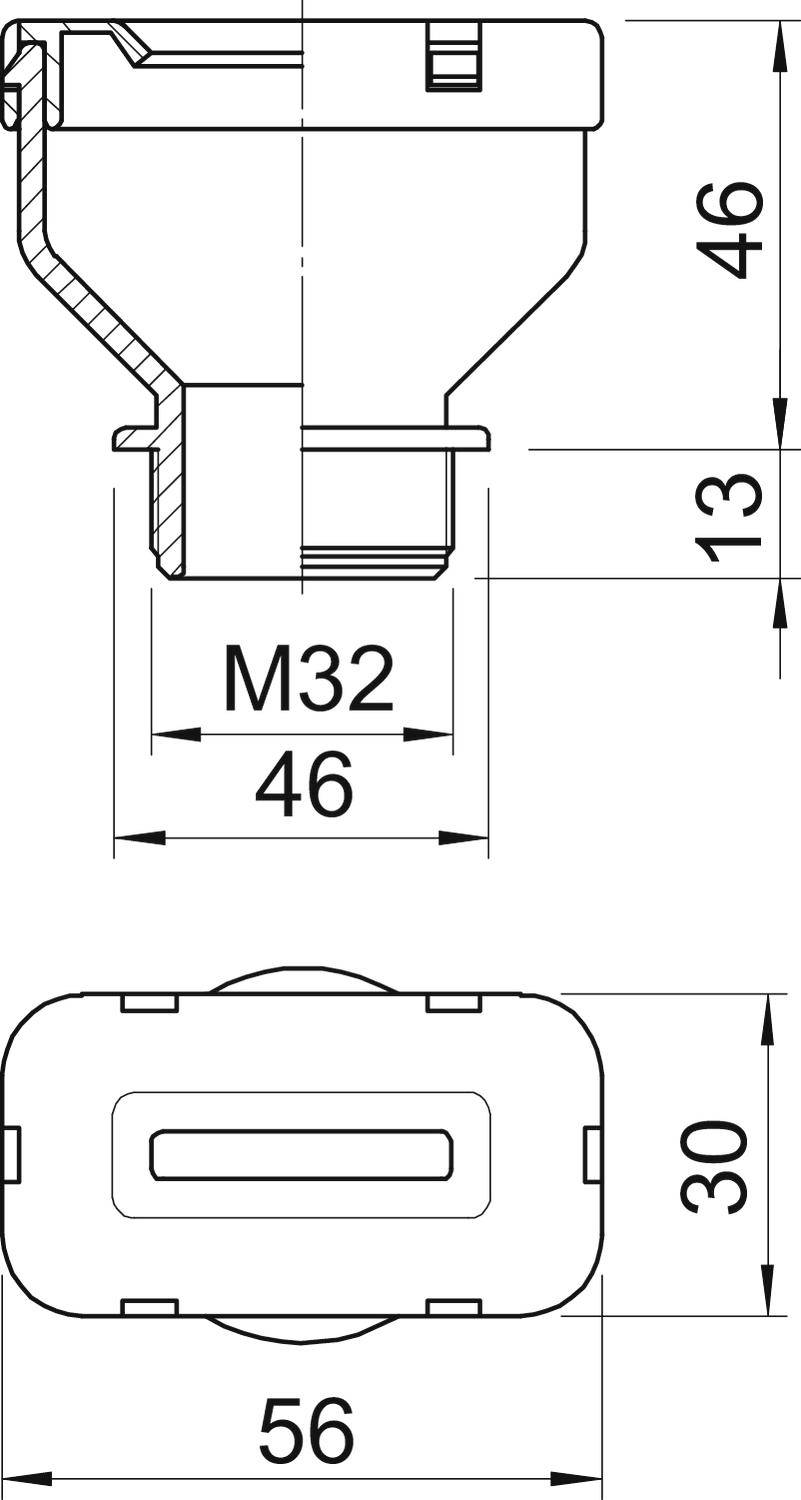 Technische Zeichnung eines Steckverbinders: Seiten- und Draufsicht. Abmessungen sind 46 mm (Breite), 30 mm (Höhe), M32 Gewinde.