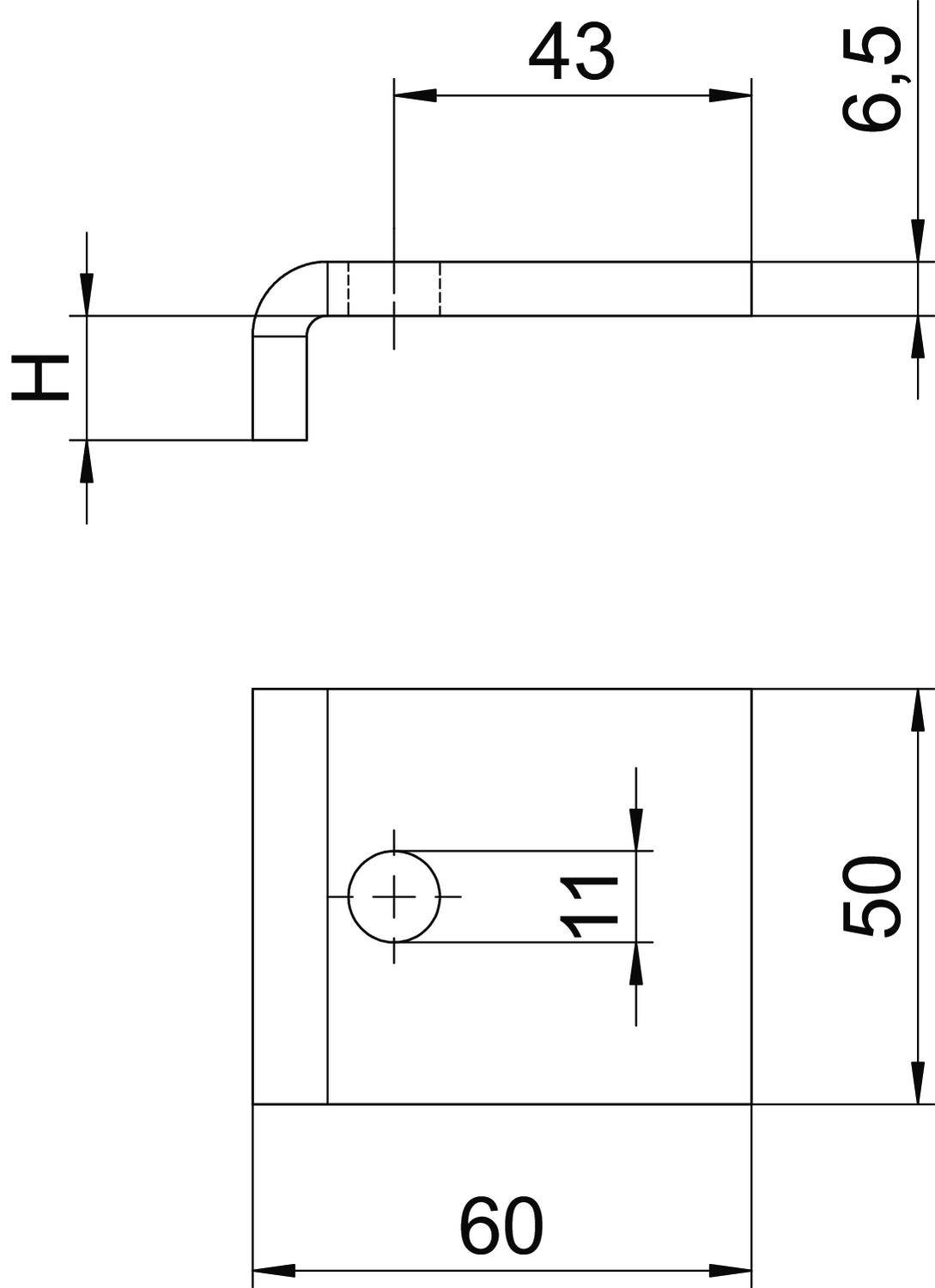 Technische Zeichnung: L-förmiges Metallteil mit Abmessungen 43 mm, 6,5 mm. Bohrung von 11 mm. Gesamtbreite 60 mm, Höhe 50 mm.