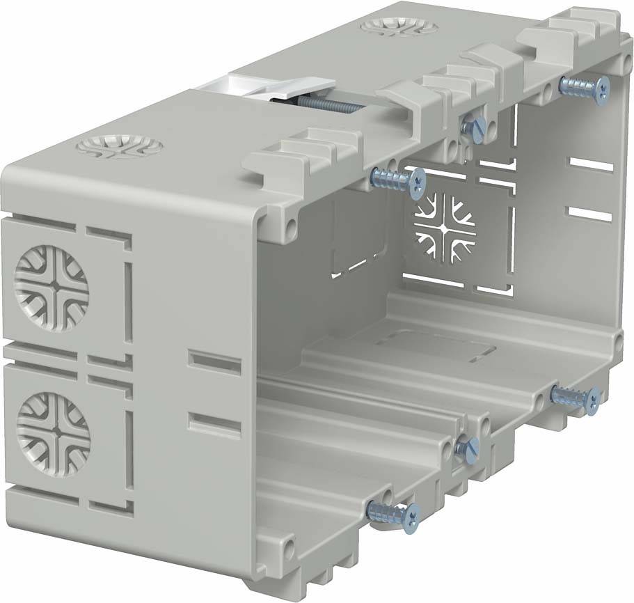 Weiße elektrische Unterputzdose aus Kunststoff mit Schrauben zur Montage, geeignet für den Einbau in Wänden zur Kabelverlegung.