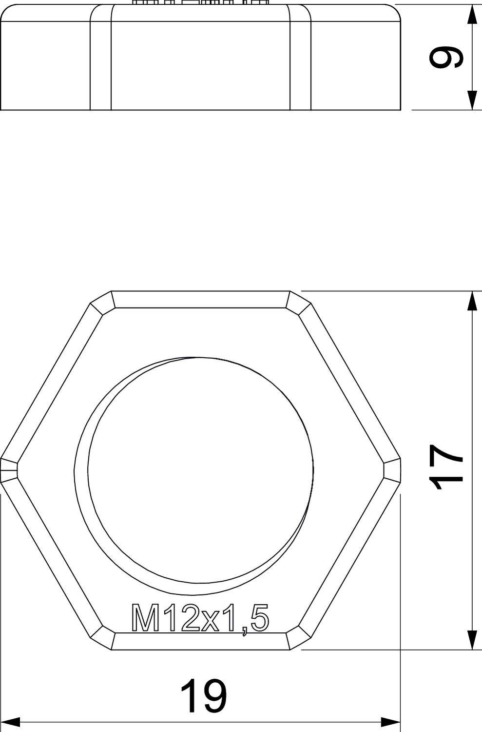 Technische Zeichnung einer Sechskantmutter mit Gewinde M12x1,5. Die Seitenansicht zeigt eine Höhe von 9 mm, Draufsicht mit 17 mm Durchmesser.