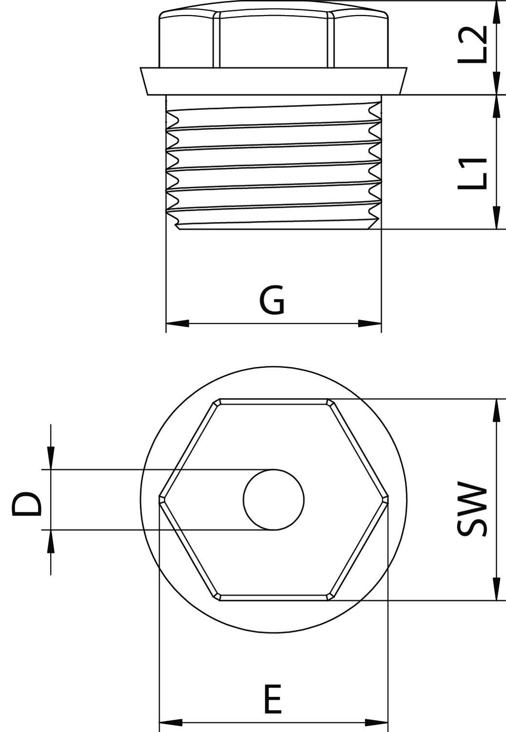 Technische Zeichnung eines Sechskantschalters mit den Abmessungen G, L1, L2, D, SW und E, die auf die jeweiligen Teile verweisen.