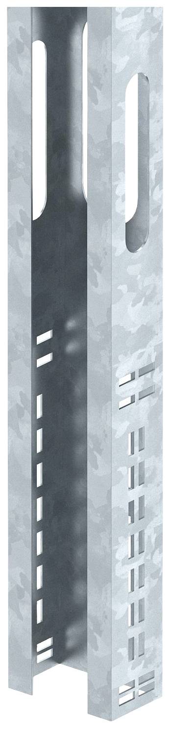 Ein silberner, rechteckiger Regalständer mit Schlitzen für Einlegeböden, vertikal fotografiert.