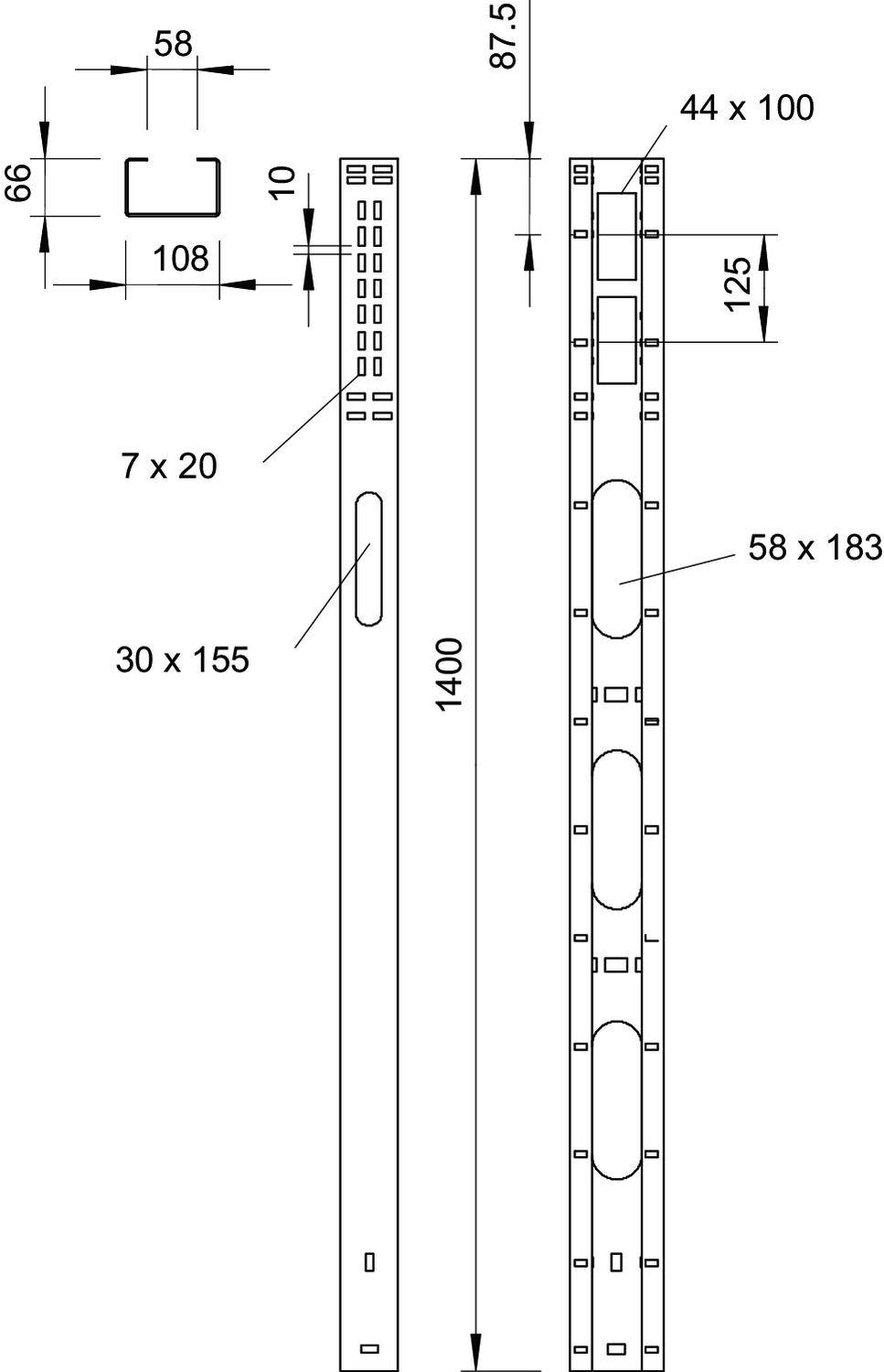 Technische Zeichnung von zwei Metallprofilen mit verschiedenen Abmessungen in Millimetern, einschließlich Breite und Höhe.