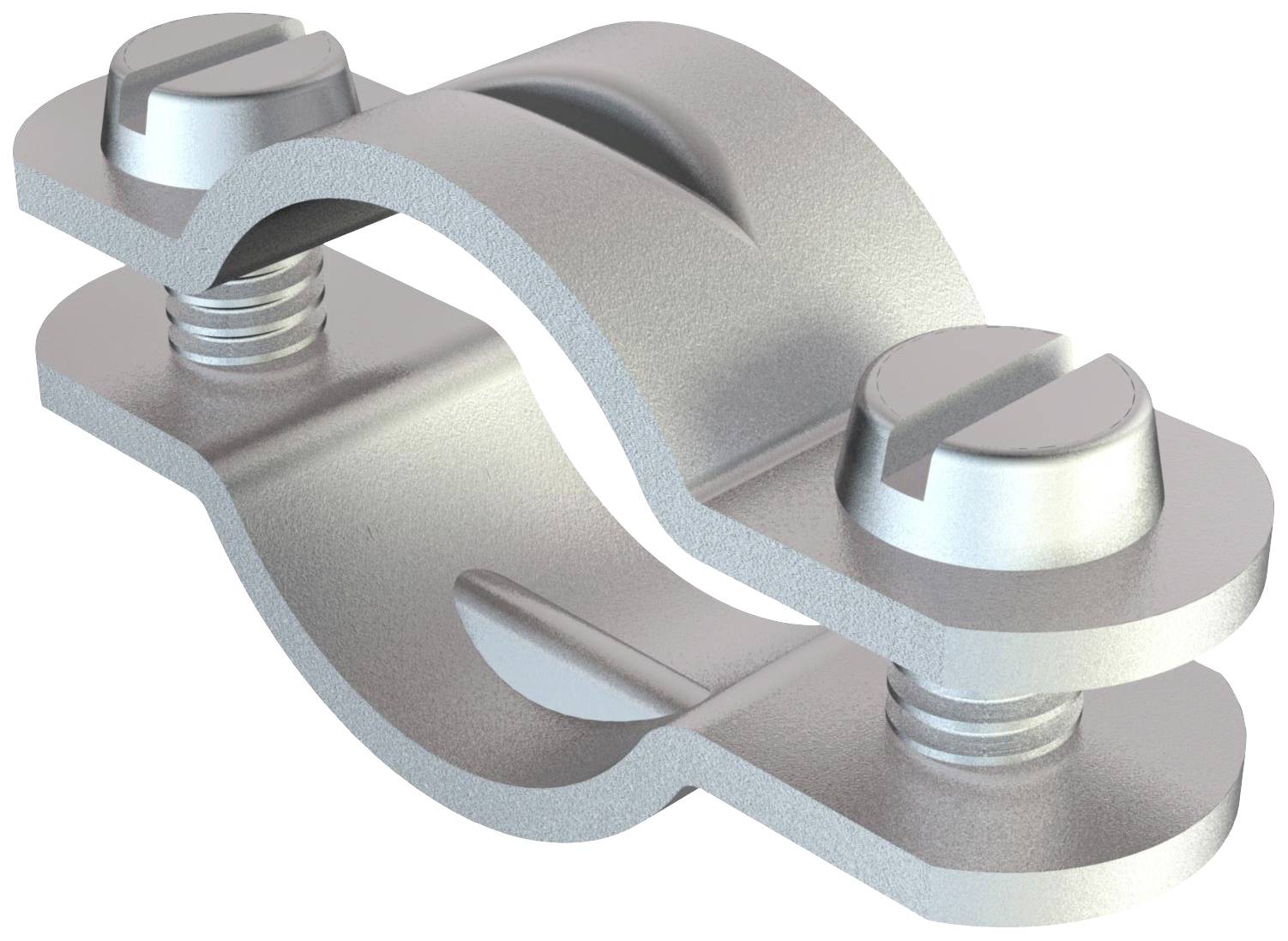 Metallische Rohrschelle mit zwei Schrauben, die zur Befestigung von Rohren verwendet wird. Sie hat eine gebogene Struktur und besteht aus Metall.