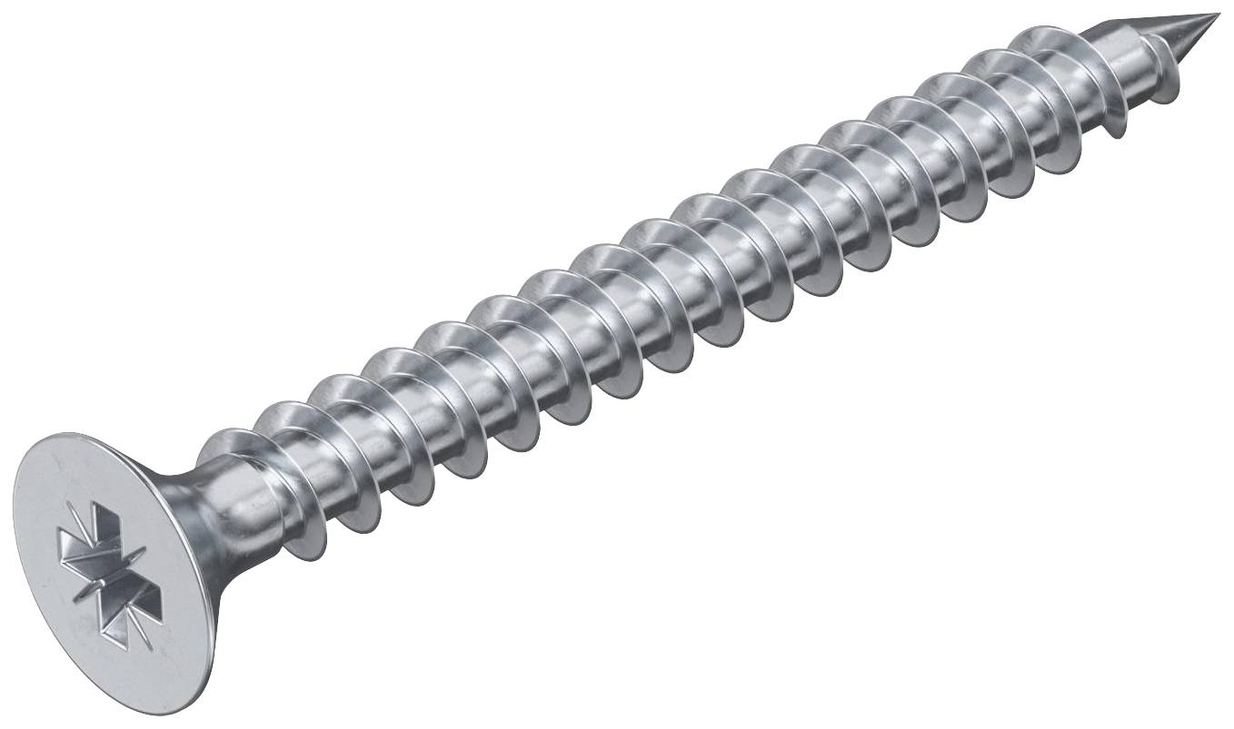 Eine silberne, metallische Universalschraube mit Kreuzschlitz und spitzem Ende, liegt auf einem weißen Hintergrund.