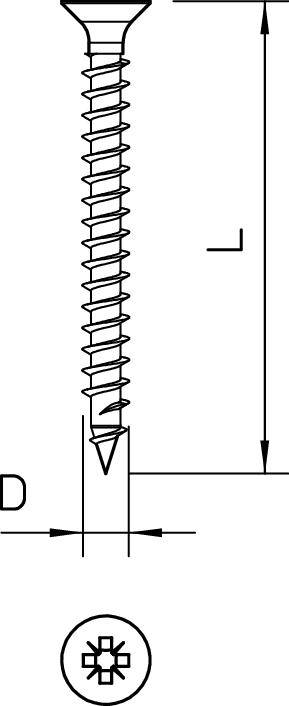 Ein technisches Diagramm zeigt eine selbstschneidende Schraube mit Längenmarkierung und Draufsicht auf den Schraubenkopf mit Kreuzschlitz.