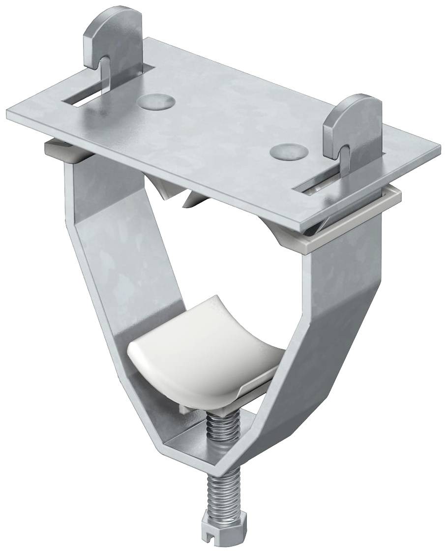 Metallischer Deckenbügel mit Schraube und Schutzpolster, verwendet zur stabilen Montage von Rohren oder Kabeln an der Decke.