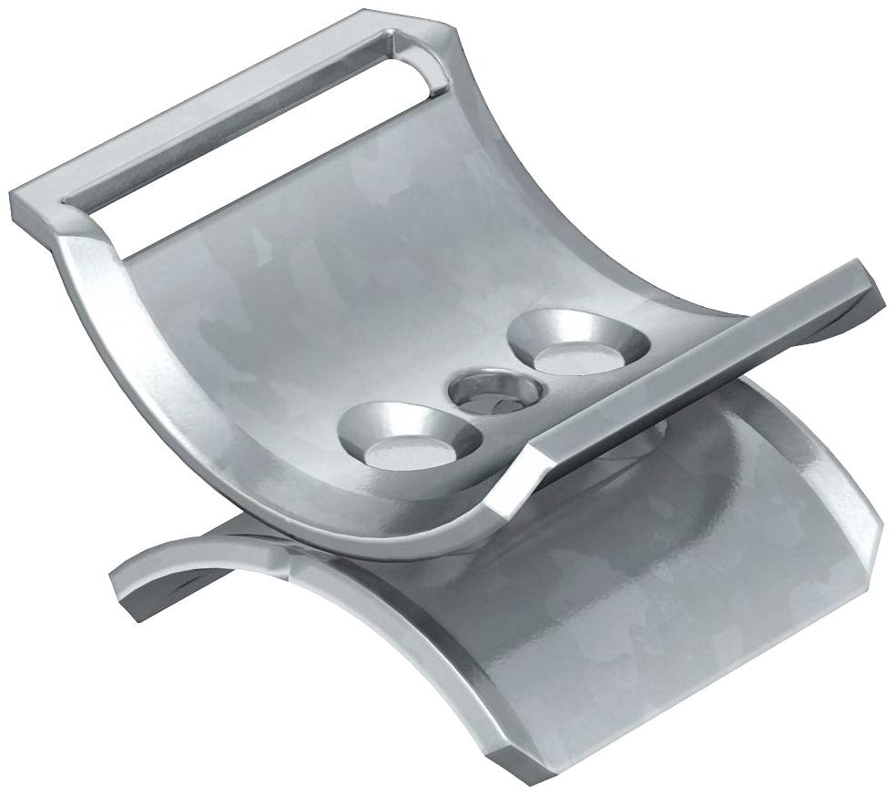 Metallhalterung mit zwei Löchern und einer flachen Basis; dient zur Befestigung von Rohren oder Leitungen an Oberflächen.