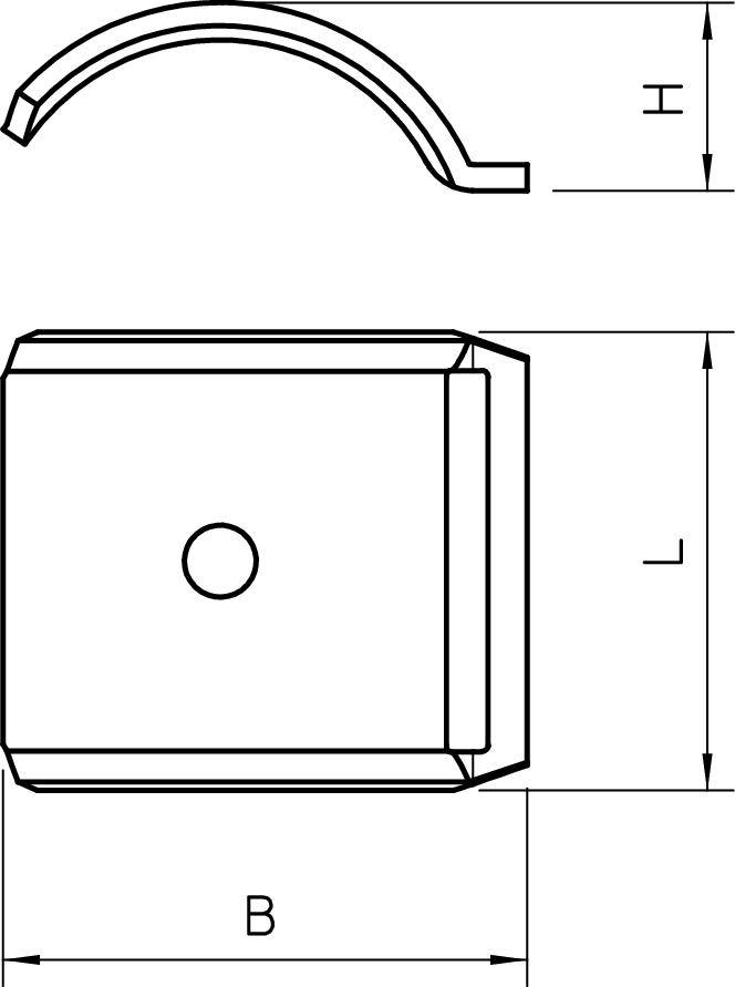 Technische Zeichnung eines quadratischen Bauteils mit Maßen B und H, und einem runden Loch in der Mitte. Seitenansicht zeigt gebogene Oberkante.