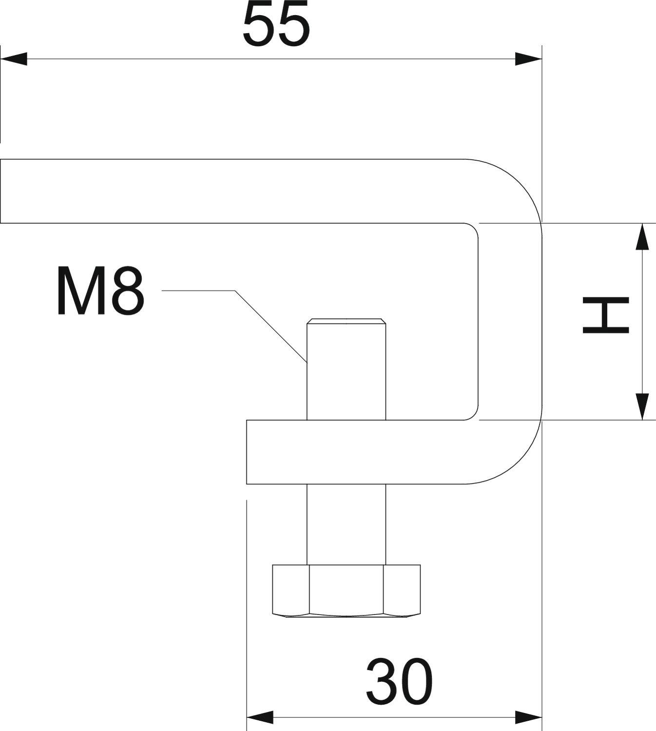 Technische Zeichnung eines Metallhakens mit den Maßen 55 mm Länge, 30 mm Höhe und mit einer M8 Schraube.