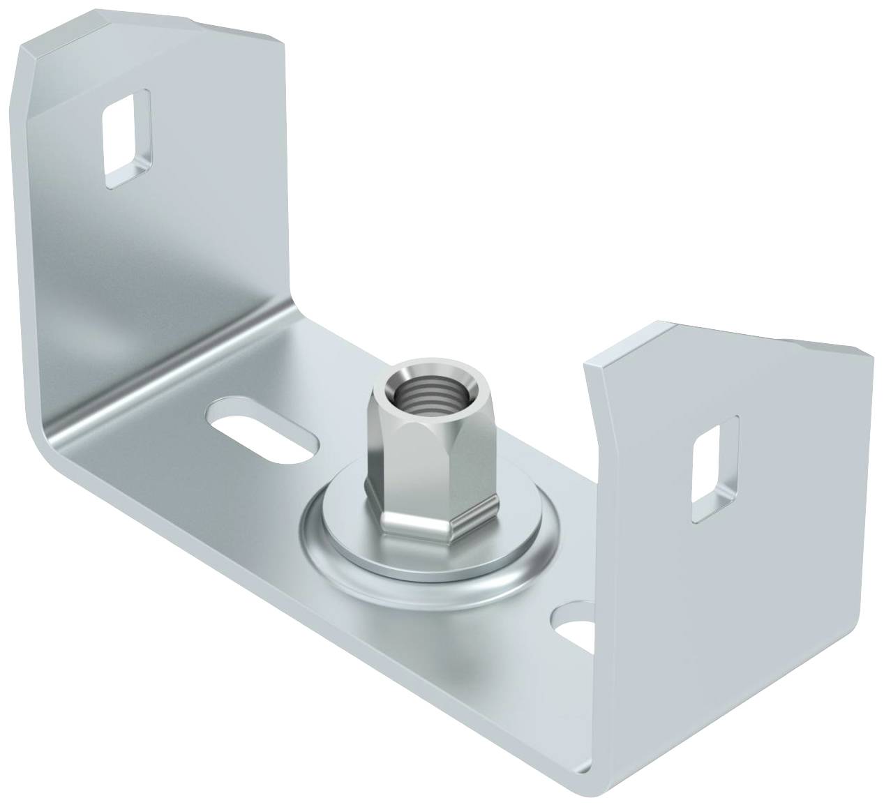 Eine metallische Halterung mit zentraler Schraube, die zwei nach oben gebogene Seiten hat. Verwendet zur Befestigung in Konstruktionen.