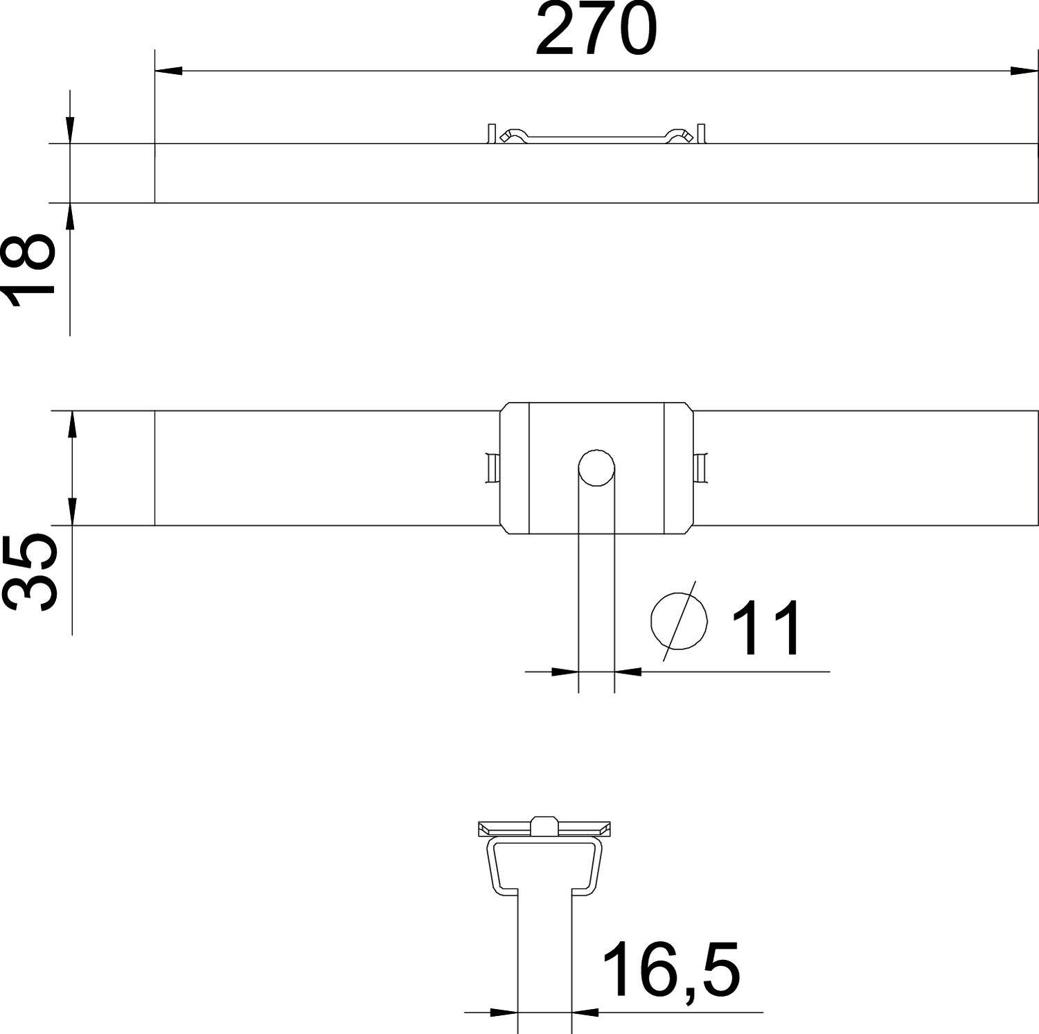 Technische Zeichnung eines Montageelements. Oben: Gesamtbreite 270, Höhe 18. Mitte: Montagehöhe 35, Bohrlochdurchmesser 11. Unten: Profilhöhe 16,5.