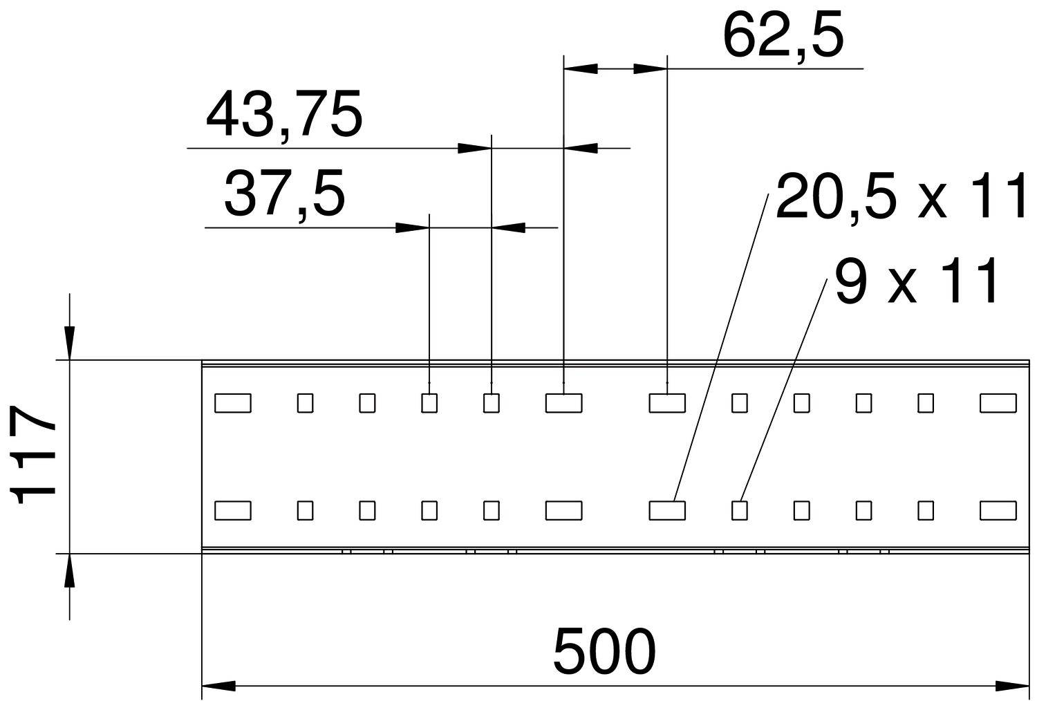Technische Zeichnung einer Metallplatte mit den Maßen 500 x 117 mm. Sie zeigt Lochmuster mit Abständen von 62,5 mm und 43,75 mm.