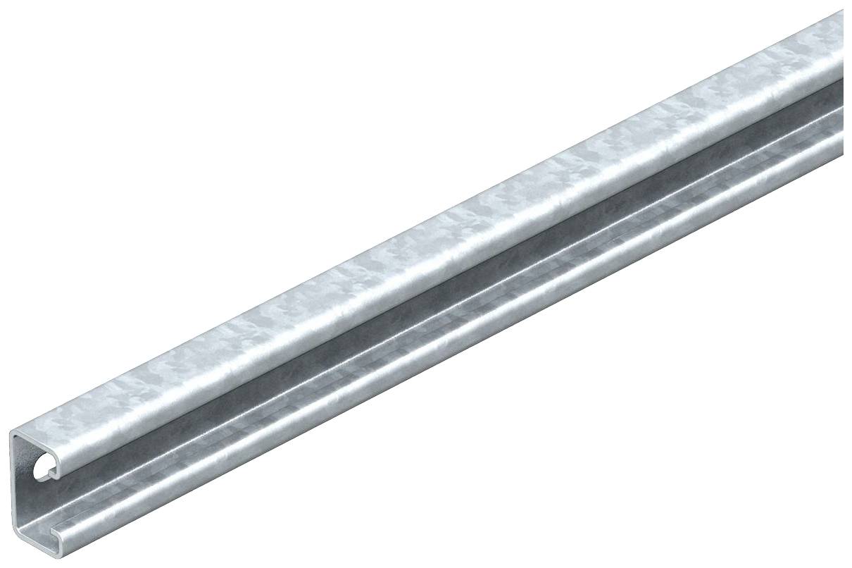Metallschiene mit U-förmigem Profil, silbergrau, zur Befestigung oder Unterstützung von Konstruktionen.