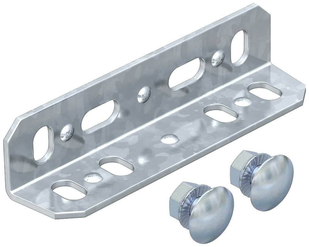 Metallwinkelhalterung mit ovalen Löchern und zwei Sechskantschrauben, geeignet für Montage und Befestigungen auf ebener Fläche.