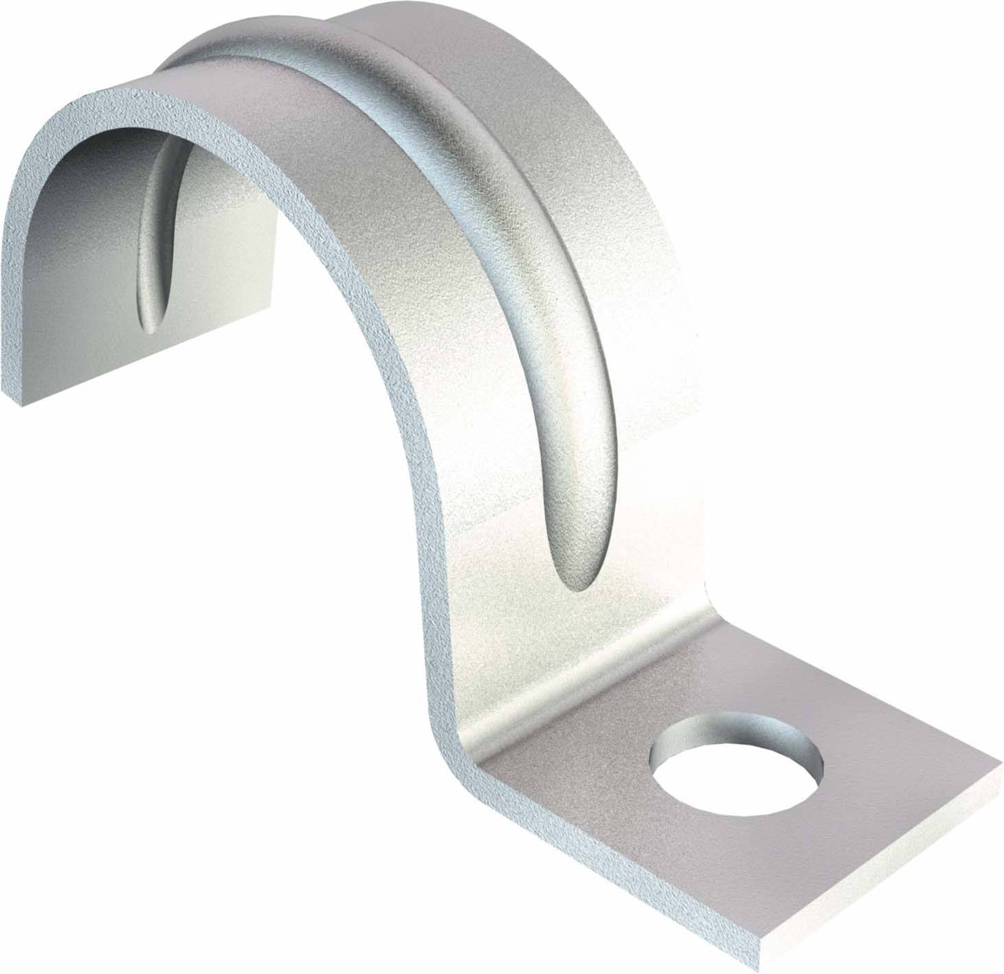 Metallische Rohrschelle in U-Form mit Befestigungsloch, verwendet zur Fixierung von Rohren an Oberflächen.