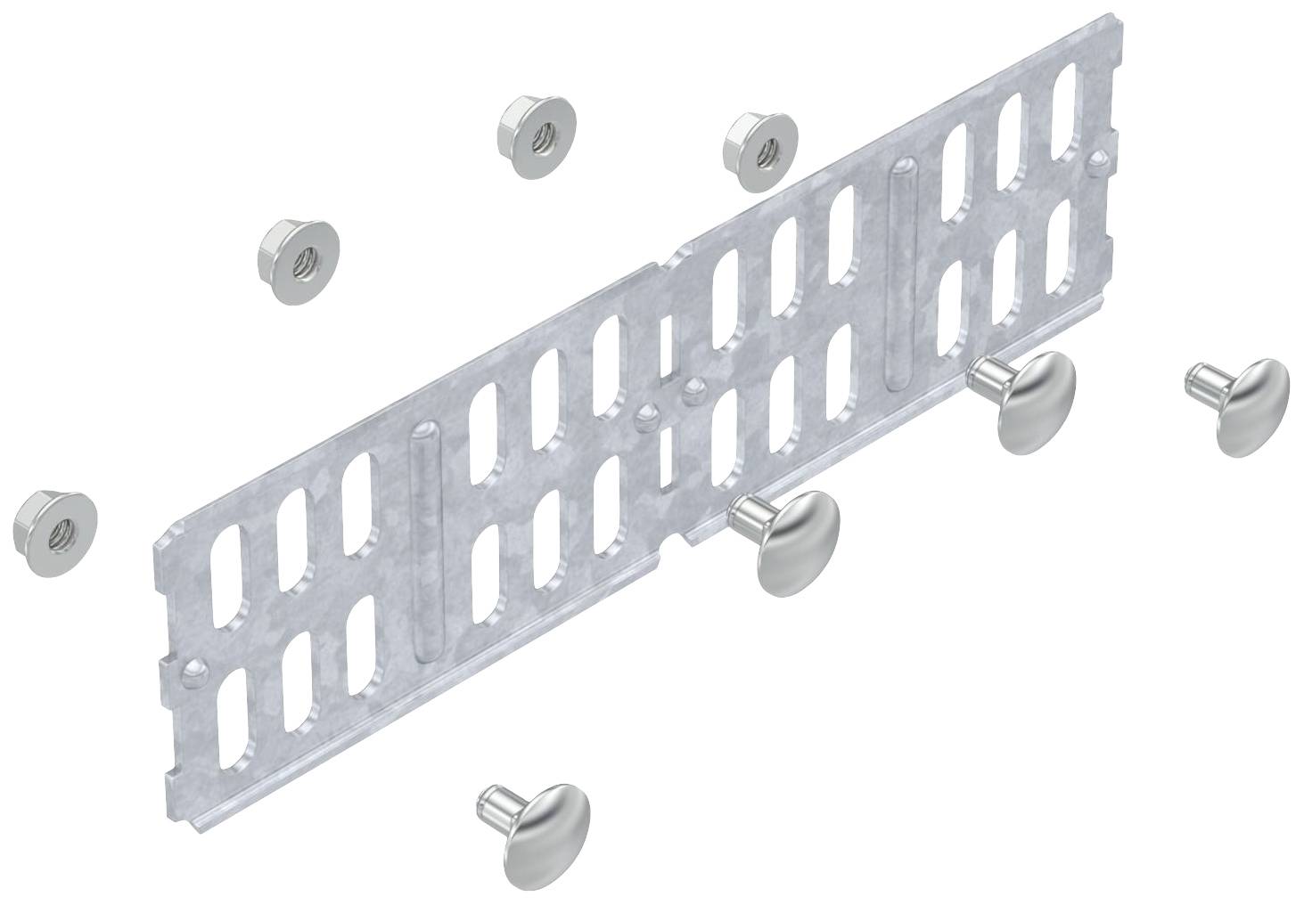 Metallplatte mit mehreren rechteckigen Öffnungen, umgeben von sechs Schrauben. Die Anordnung zeigt, wie die Platte montiert wird.