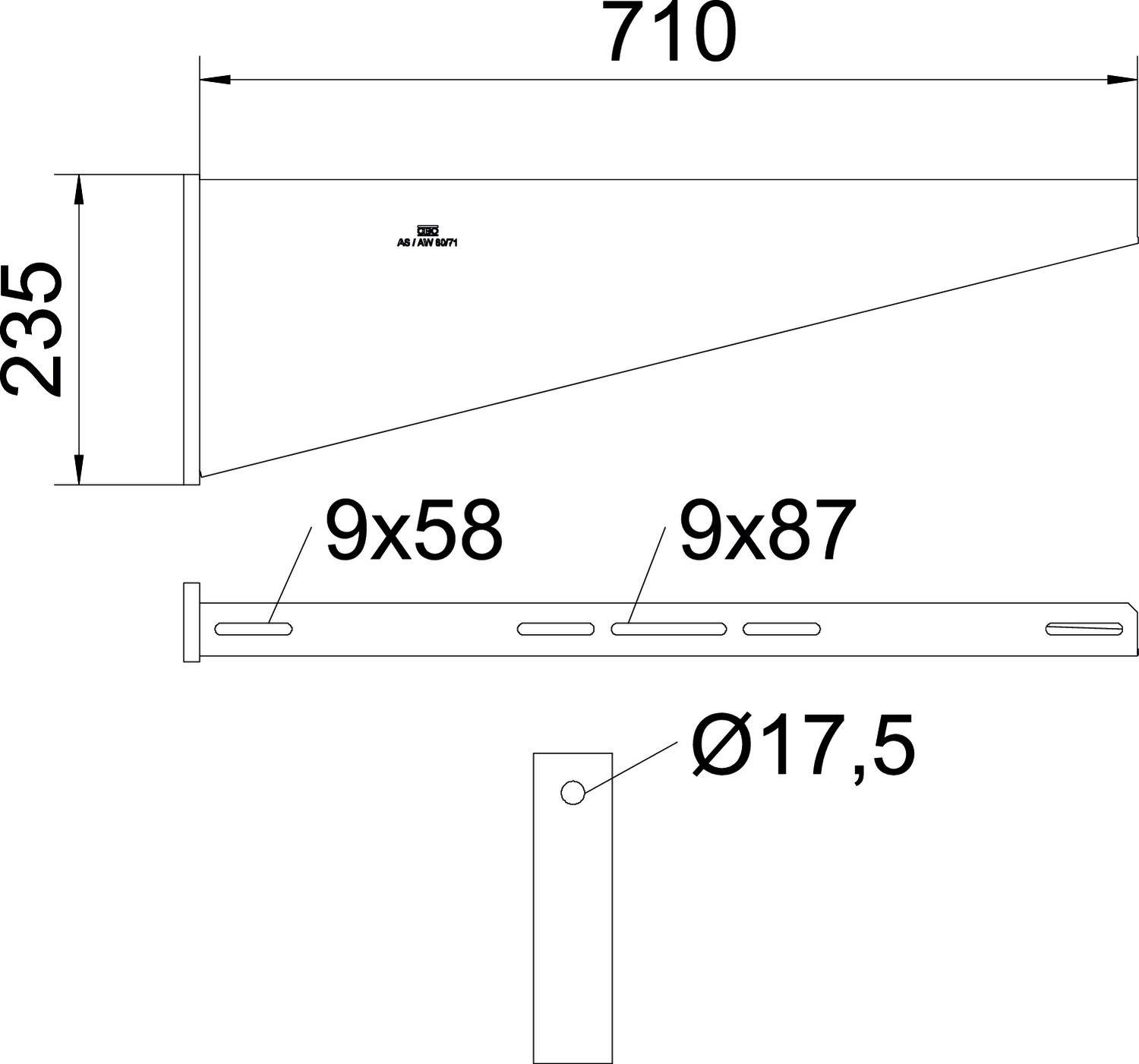 Technische Zeichnung eines Stahlträgers mit den Maßen: Höhe 235 mm, Breite 710 mm, Bohrungen 9x58 mm und 9x87 mm, Lochdurchmesser 17,5 mm.