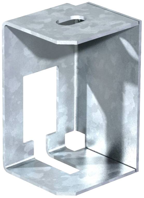 Ein verzinkter Metallwinkel mit rechteckigem Ausschnitt und rundem Loch auf der Oberseite, wahrscheinlich als Befestigungselement.