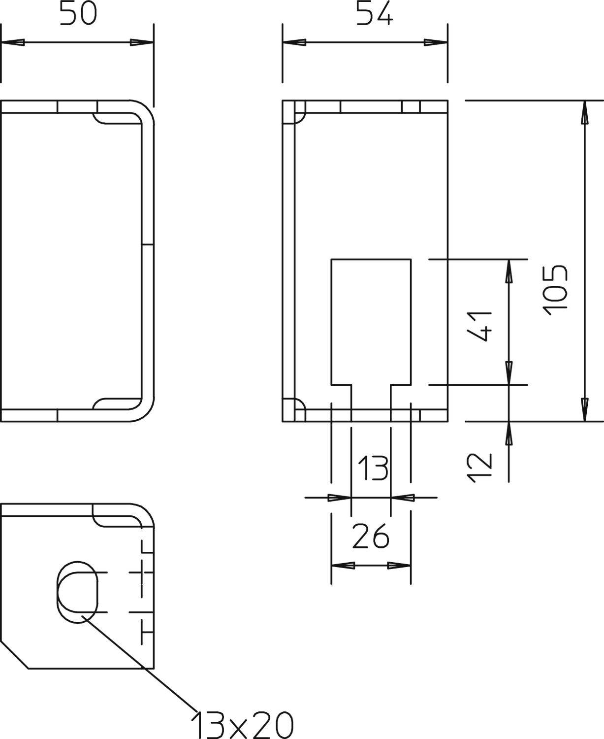 Technische Zeichnung eines rechteckigen Objekts mit Maßen: 50x54x105 mm. Detailansicht eines Lochs mit den Maßen 13x20 mm.