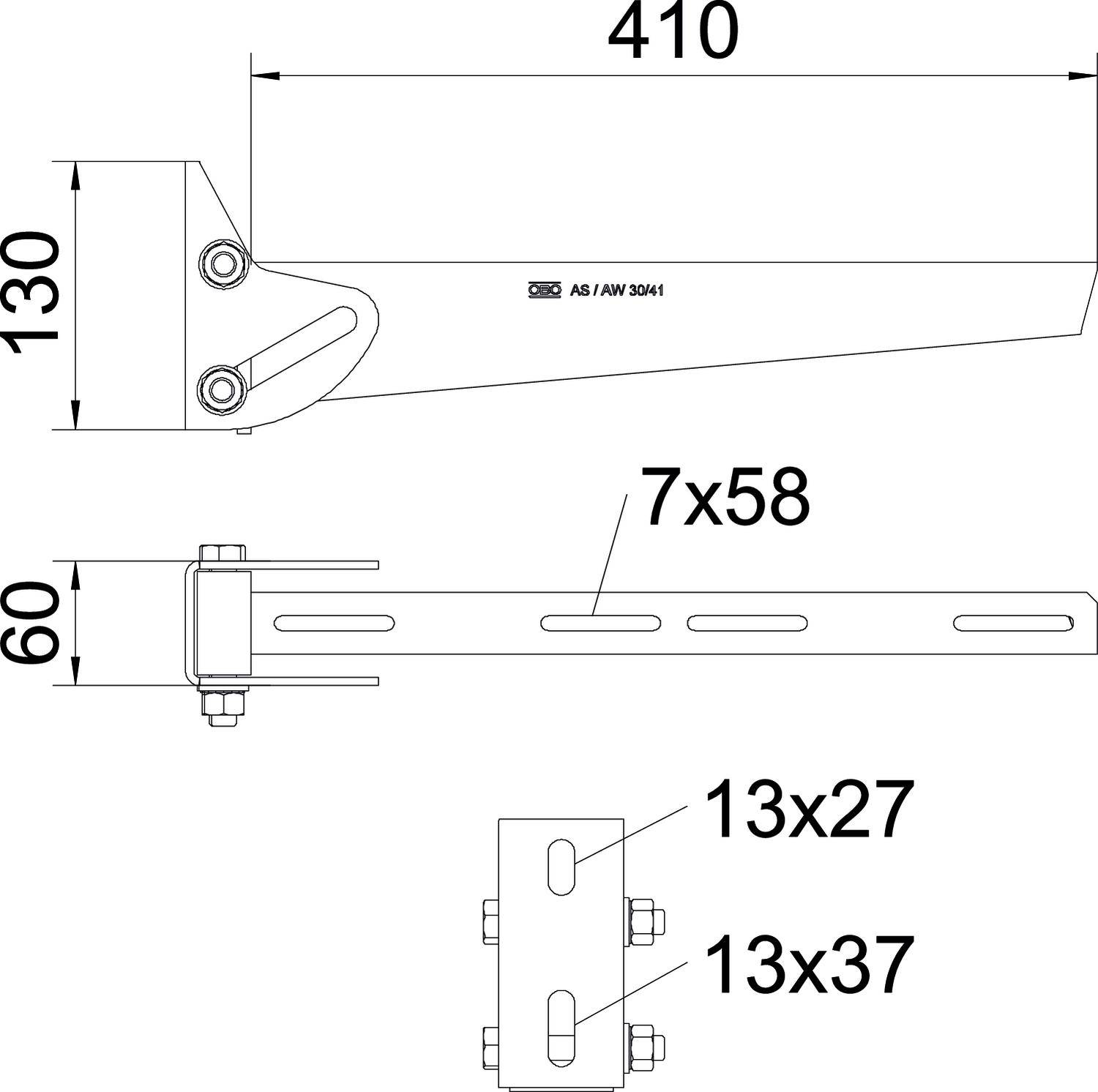 Technische Zeichnung eines Wandhalters mit Maßen: Höhe 130 mm, Länge 410 mm, Breite 60 mm. Befestigungslöcher: 7x58 mm, 13x27 mm, 13x37 mm.