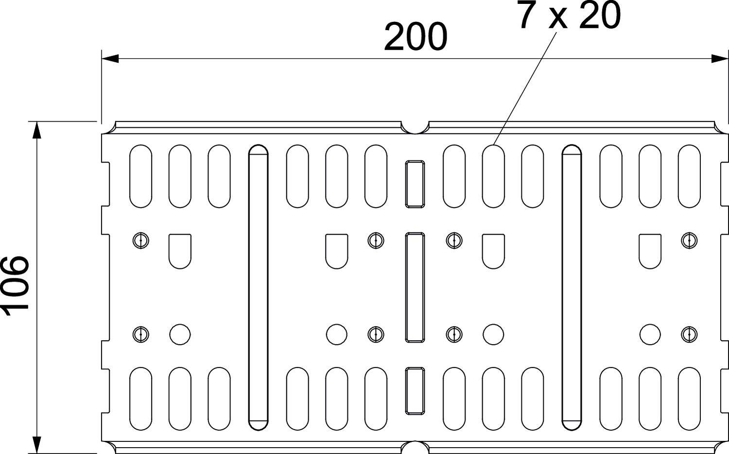 Technische Zeichnung eines rechteckigen Metallblechs mit Maßen 200 x 106 mm und mehreren ovalen und runden Löchern.