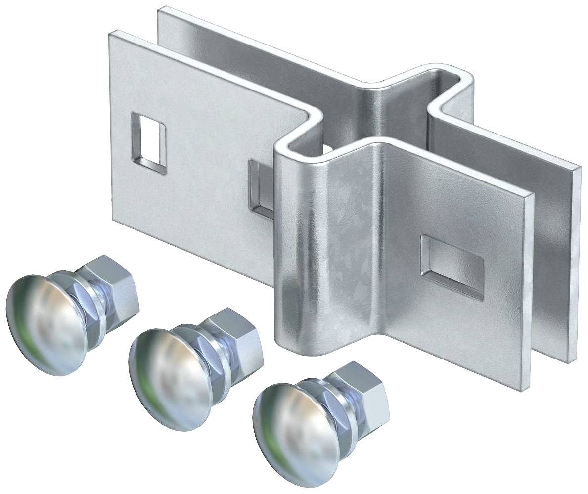 Metallhalterung mit rechteckiger Form und drei dazugehörigen Schrauben. Geeignet zur Befestigung von Konstruktionsteilen.