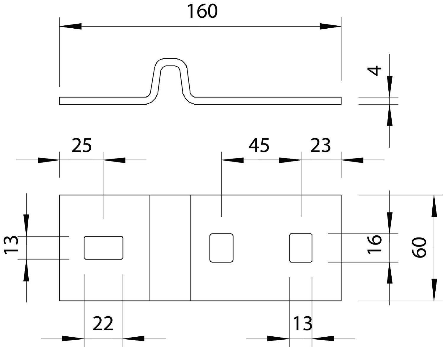 Technische Zeichnung eines Metallstücks mit Bemaßungen: Länge 160, Breite 60, Höhe 4, mit Löchern und Abständen dargestellt.