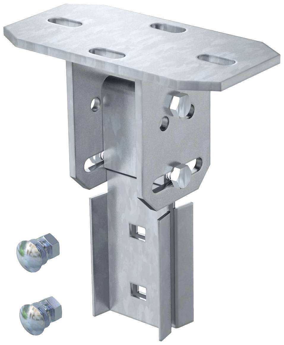 Eine metallische Halterung mit rechteckiger Platte und mehreren Löchern zum Befestigen, zusammen mit zwei Schrauben.
