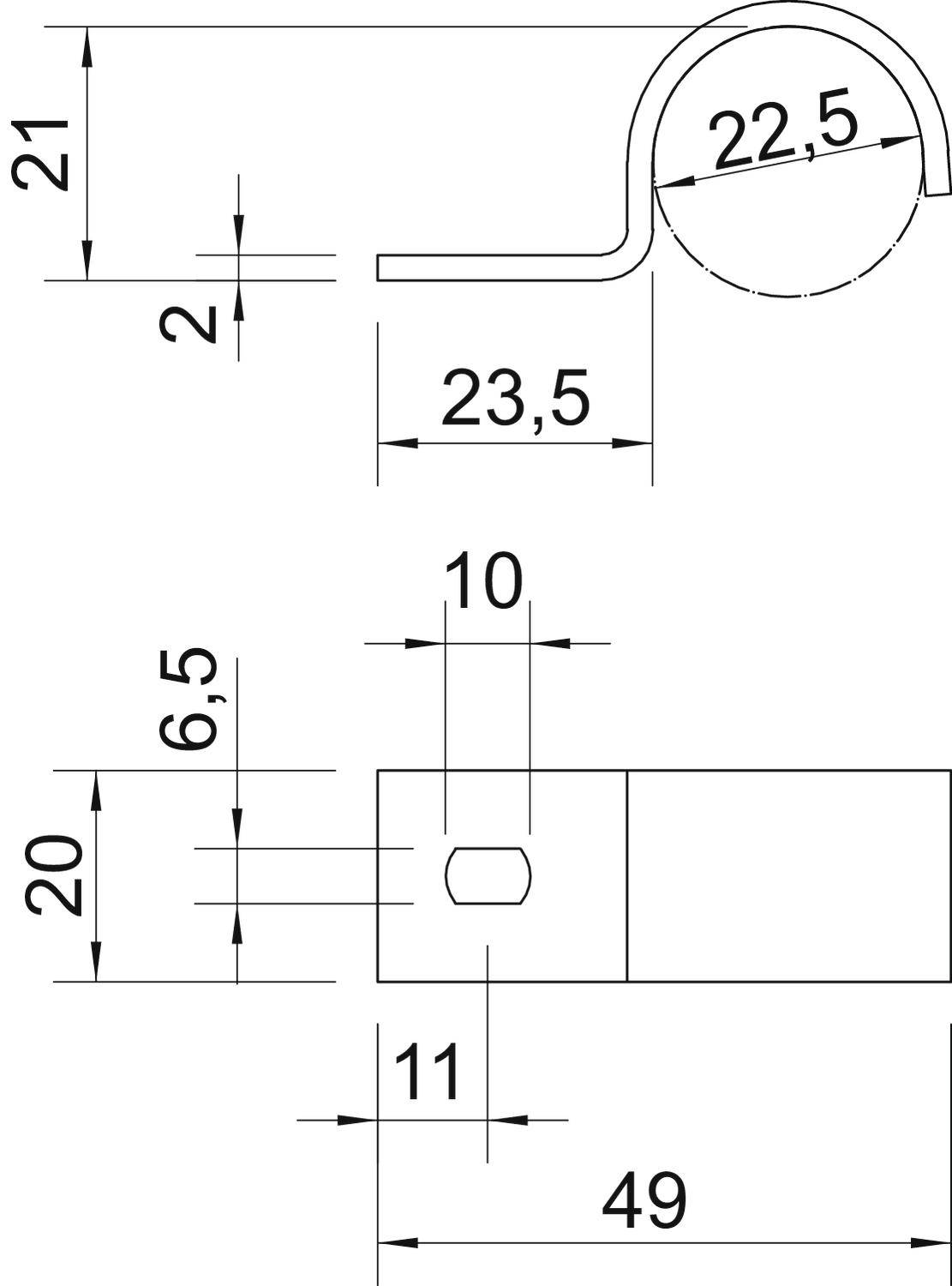 Technische Zeichnung eines Rohrclips. Oben: Seitenansicht mit 22,5 mm Durchmesser. Unten: Frontalansicht mit 49 mm Breite. Maße und Verbindungen dargestellt.