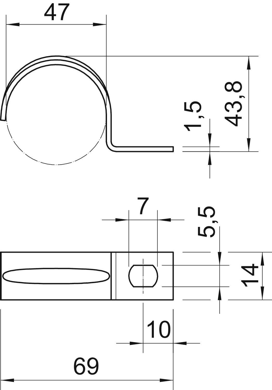 Technische Zeichnung einer Halterung mit Maßen: 47 mm breit, 43,8 mm hoch. Einzelne Segmenthöhen 14 mm und 10 mm, Lochdurchmesser 7 mm.