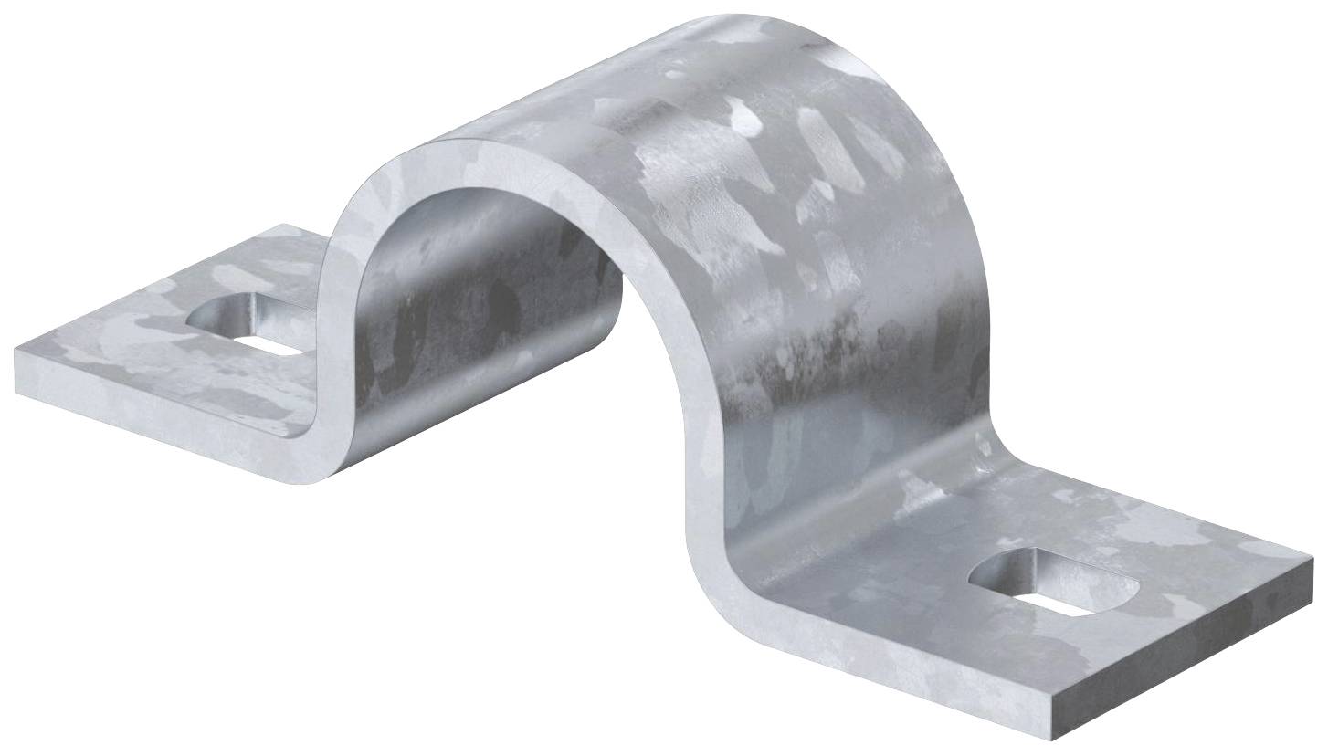 Das Bild zeigt eine verzinkte Rohrschelle aus Metall in U-Form mit zwei Befestigungslöchern auf beiden Seiten. Sie dient zur Fixierung von Rohren.