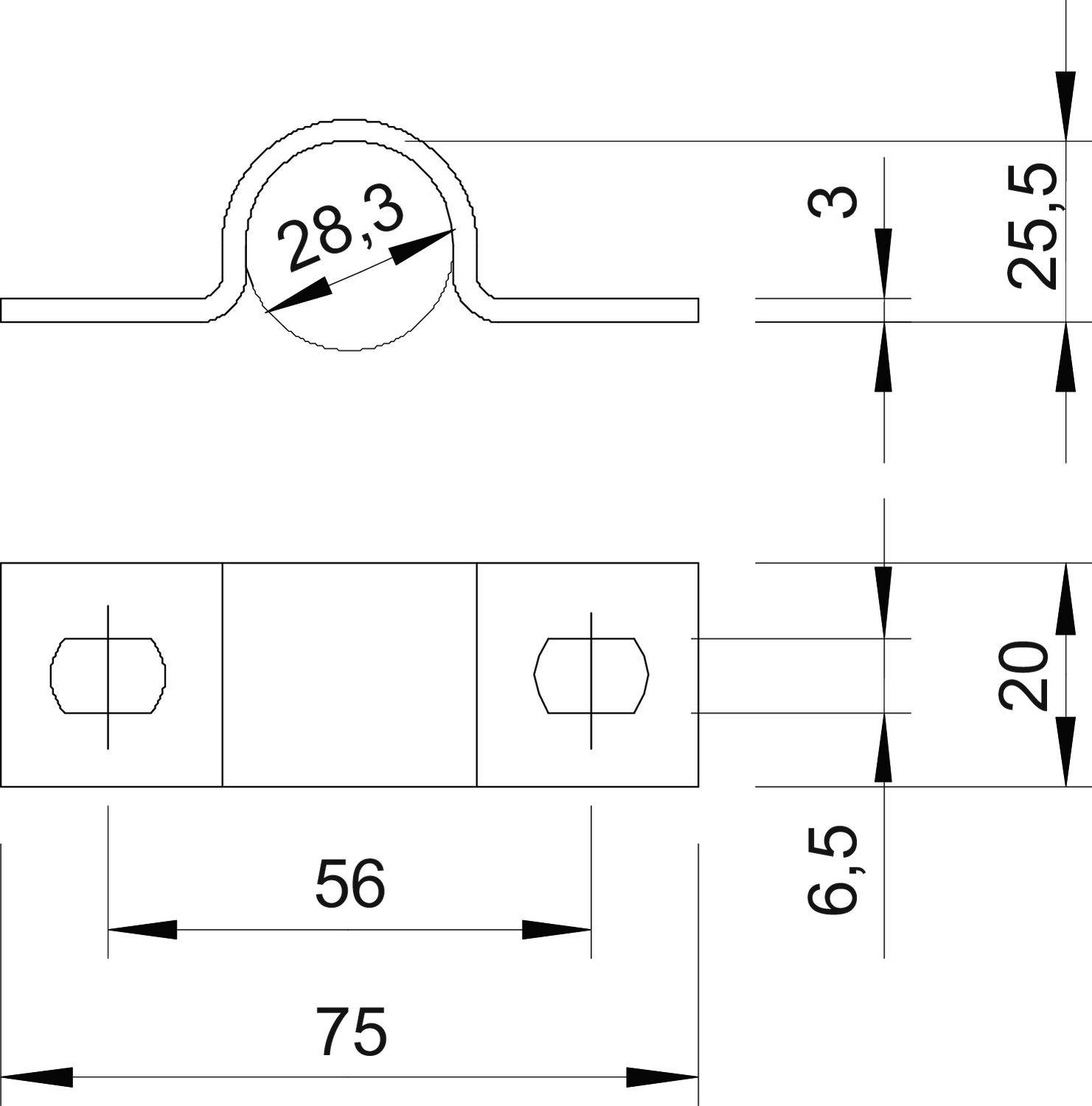 Technische Zeichnung einer Rohrschelle mit Maßen: Durchmesser 28,3 mm, Länge 75 mm, Bohrungen mit 56 mm Abstand, Gesamthöhe 25,5 mm.