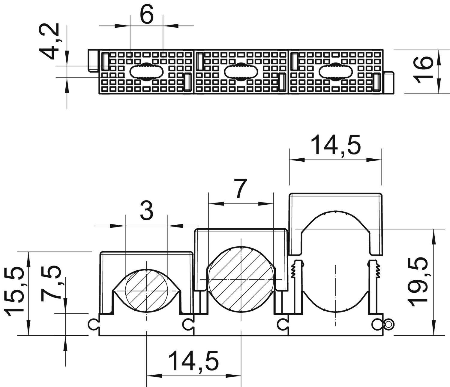 Technische Zeichnung eines Kunststoffprofils mit den Maßen: 4,2 mm, 6 mm, 16 mm Höhe; 14,5 mm Breite; Detailansicht mit Schnittansicht.