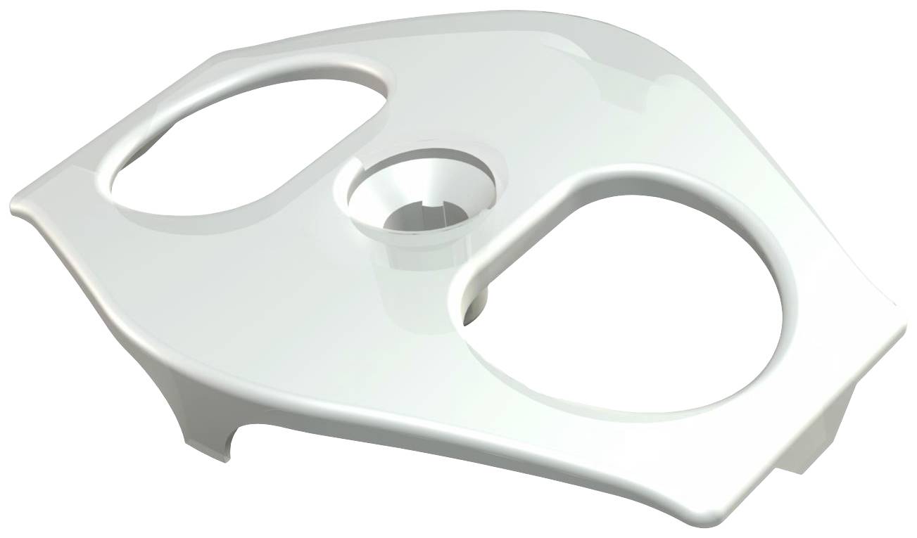 Ein weißes, ovales Kunststoffteil mit zwei großen Löchern und einem kleineren zentralen Loch, möglicherweise ein funktionales Bauteil.