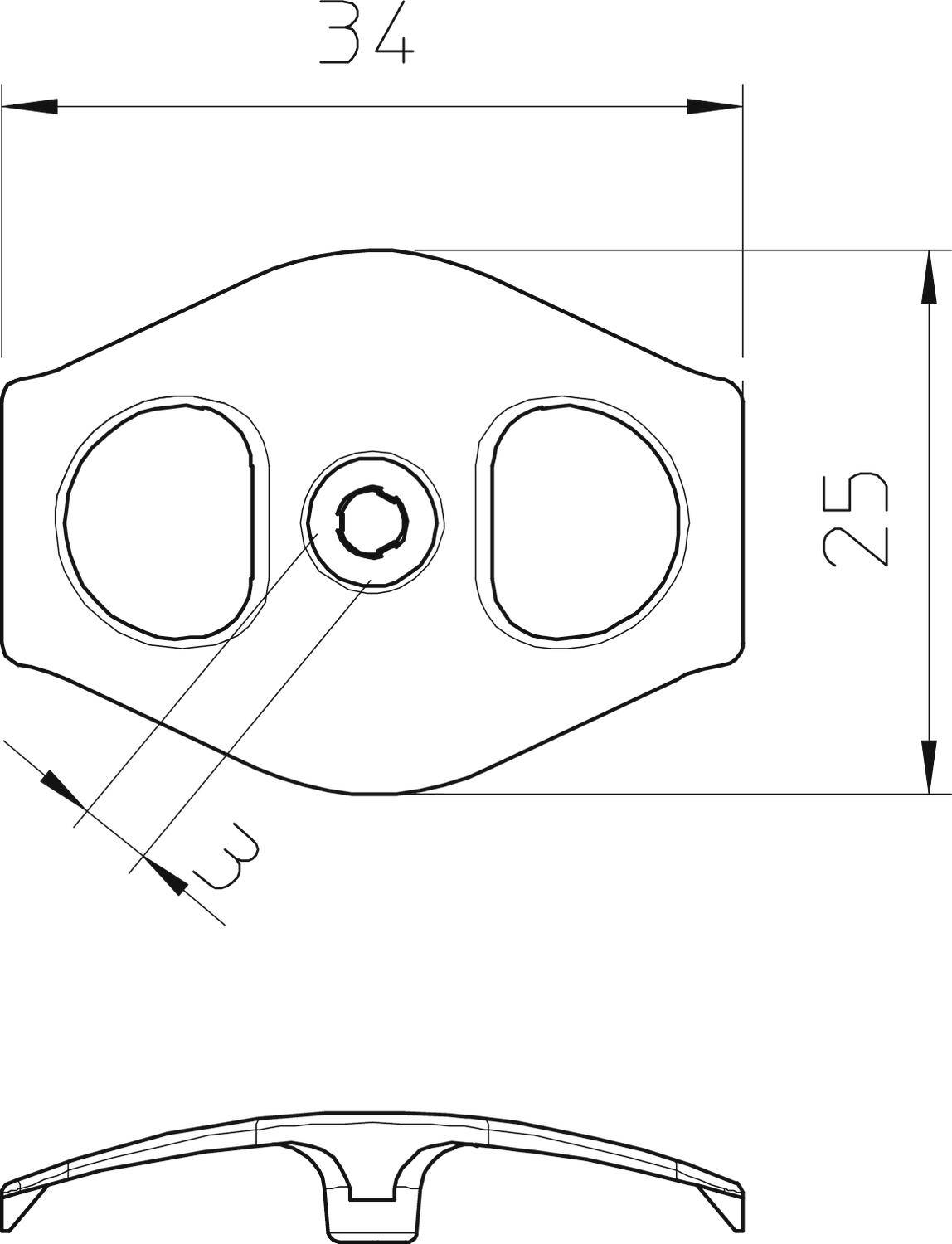 Technische Zeichnung eines Metallverbinders mit Maßen: Breite 34 mm, Höhe 25 mm, Tiefe 3 mm. Draufsicht und Seitenansicht gezeigt.